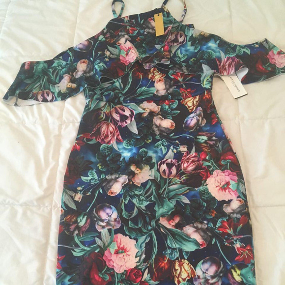Alexia Admor Floral Cold-Shoulder Midi Cocktail Dress Ruffle Sleeve ,Size S,NEW - Picture 3 of 9